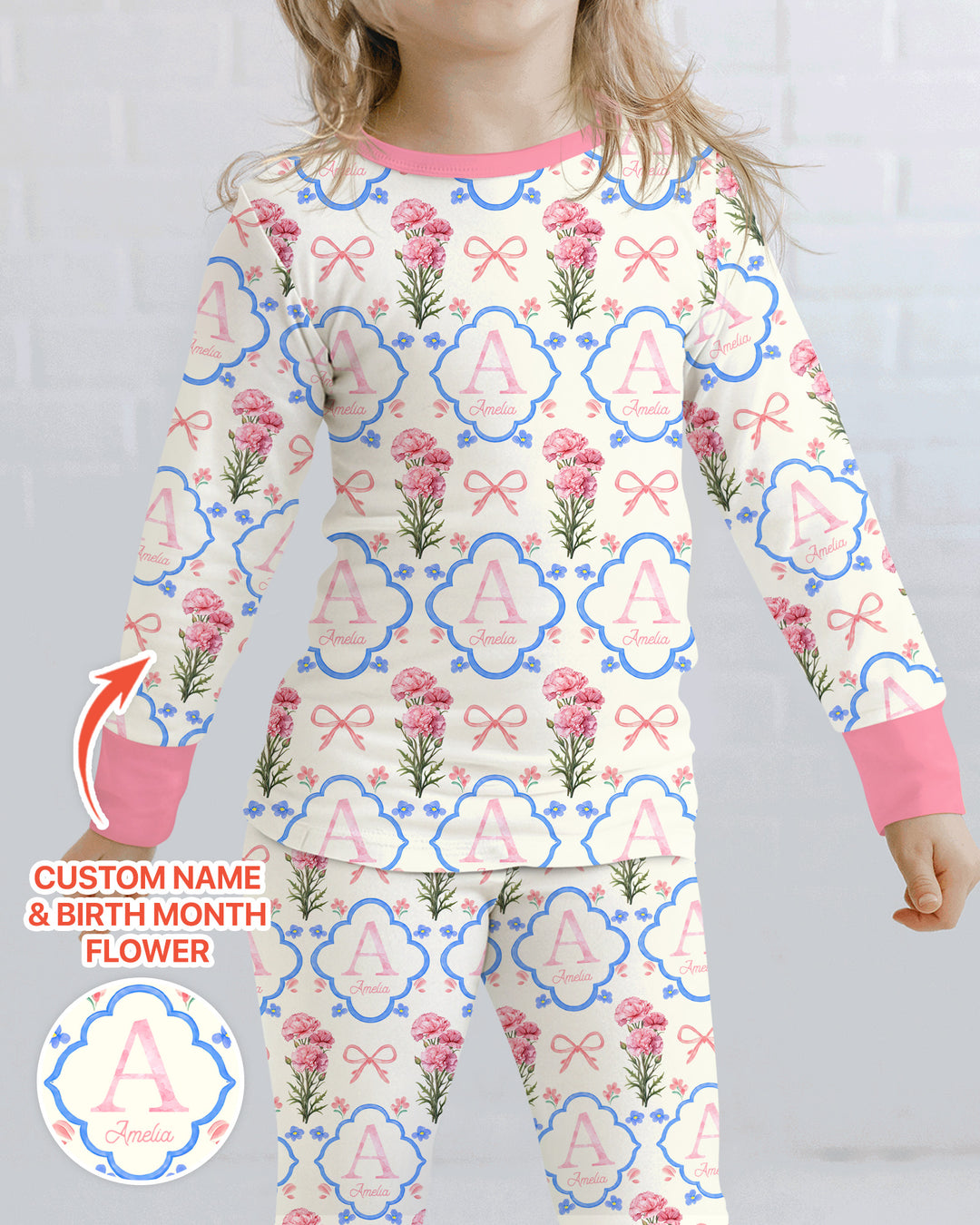 Personalized Birth Flower Mommy And Me Matching Bamboo Two Piece Long Sleeve Pajama Set
