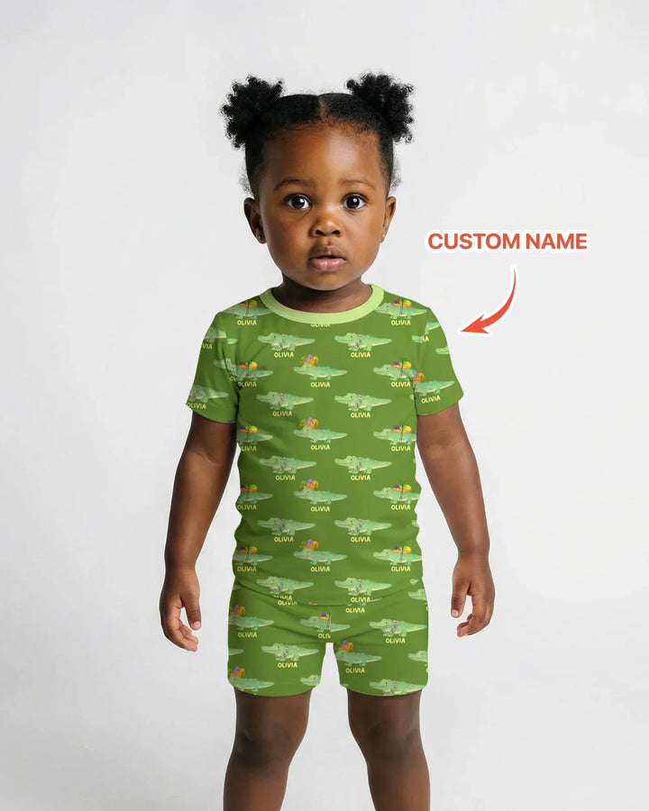 Custom Name Mardi Gras Gator Bamboo Two Piece Short Sleeve Shorts Pajama Set