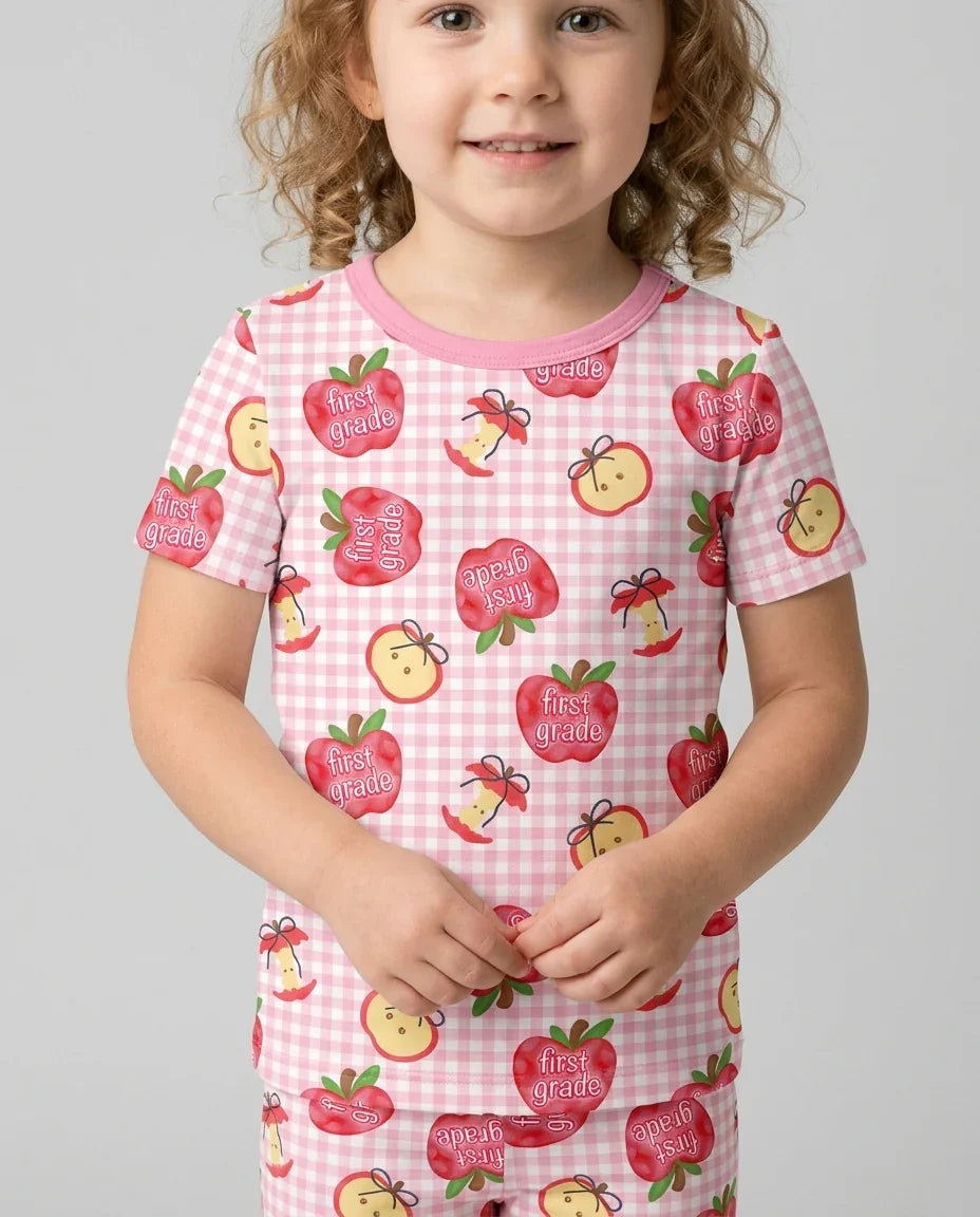 Custom School Grade Apple Days Bamboo Two Piece Short Sleeve Shorts Pajama Set