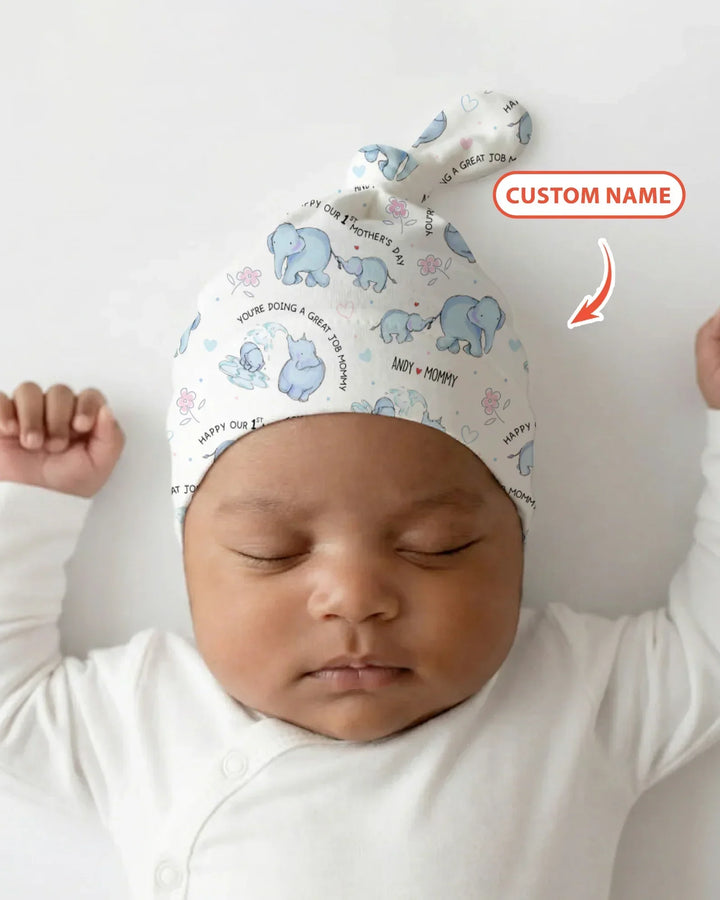 Custom Name Mother & Baby Elephant Bamboo Knotted Hat