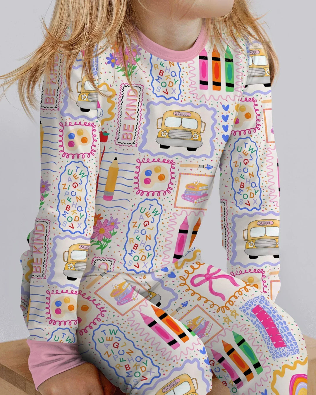 Colorful Doodle School Bamboo Two Piece Long Sleeve Pajama Set