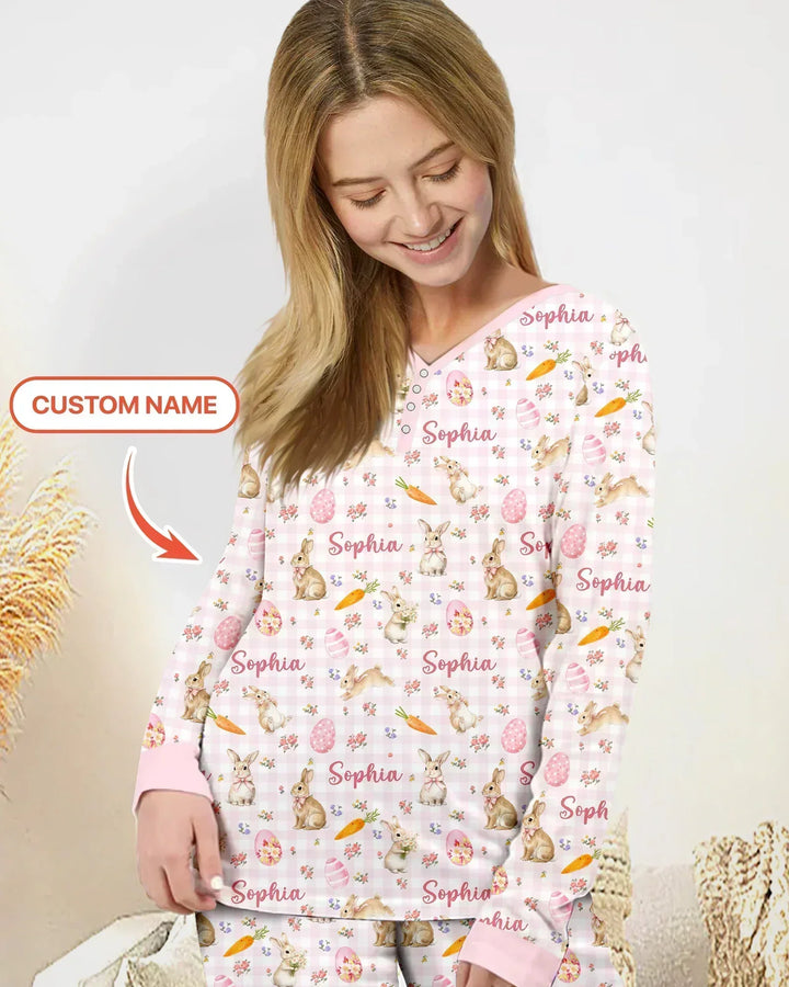 Custom Name Bunny Garden Bamboo Women Pajama Set