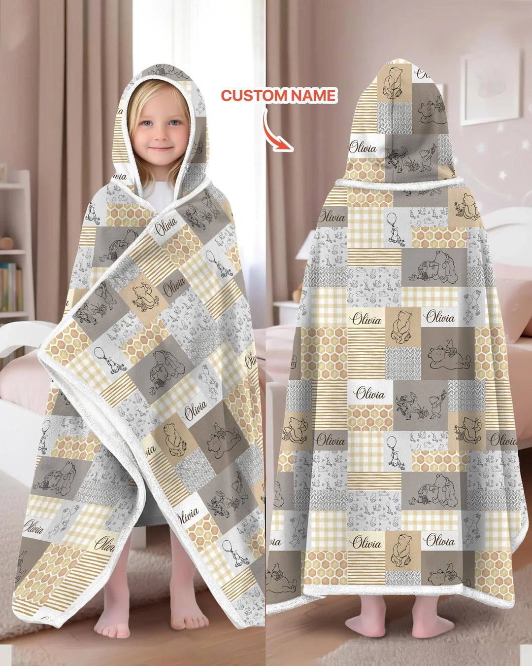Personalized Classic Bear Patchwork  Bamboo Wearable Hooded Blanket