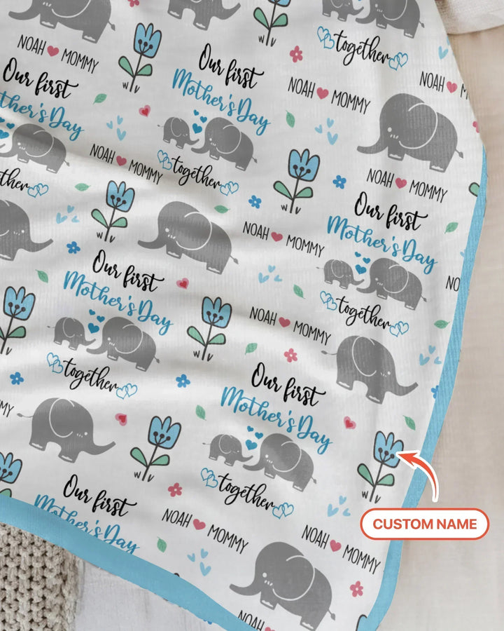 Custom Name Elephant Our First Mother's Day Bamboo Blanket