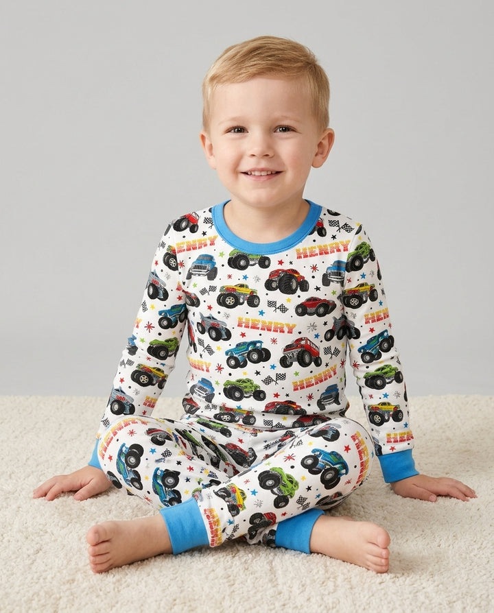 Personalized Monster Trucks Bamboo Two Piece Long Sleeve Pajama Set
