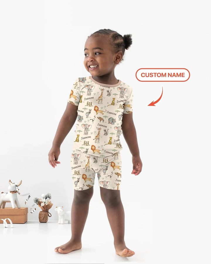 Safari Friends Custom Name Bamboo Two Piece Short Sleeve Shorts Pajama Set