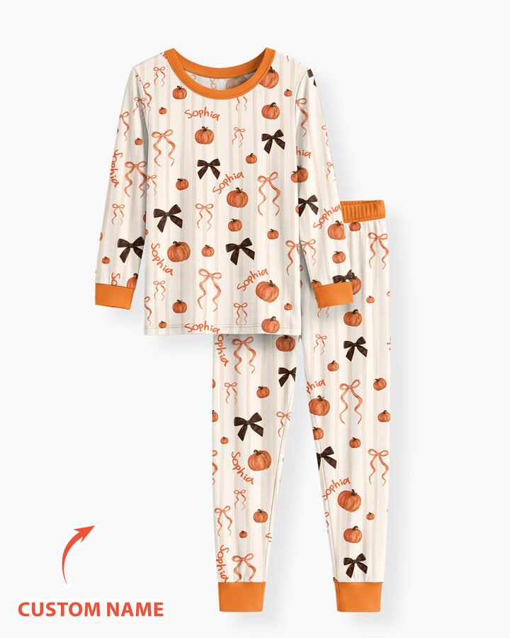 Custom Name Coquette Pumpkin Bow Fall Bamboo Two Piece Long Sleeve Pajama Set