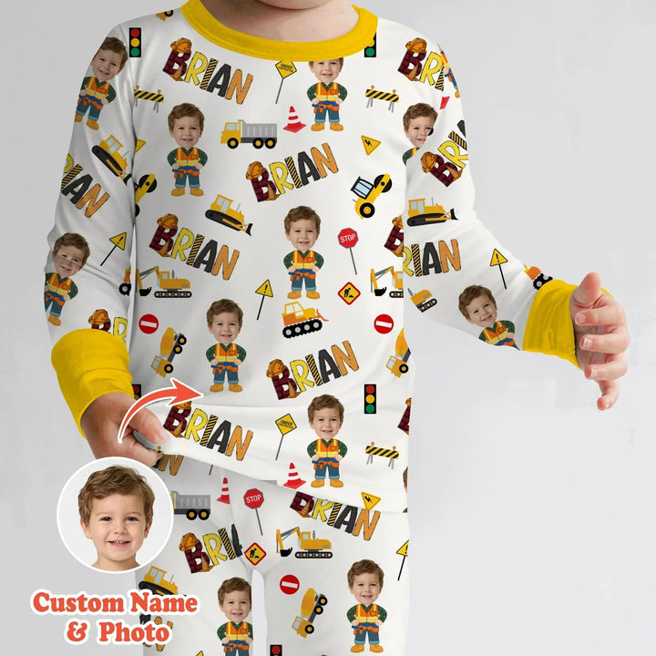 Custom Photo Doodle Little Builder Bamboo Two Piece Long Sleeve Pajama Set