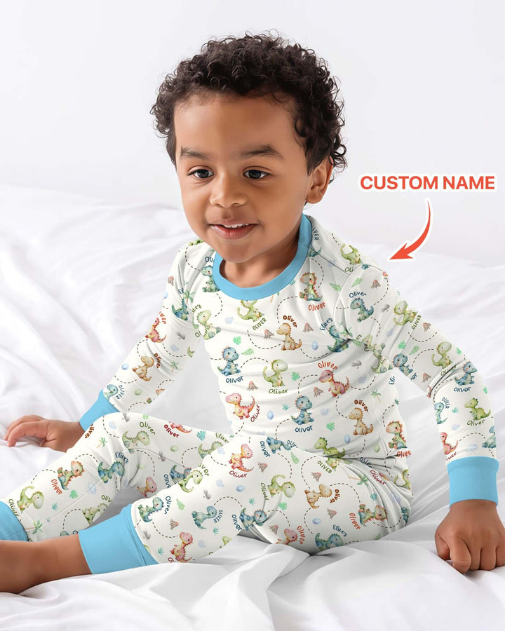 Personalized Dino Friends Bamboo Two Piece Long Sleeve Pajama Set