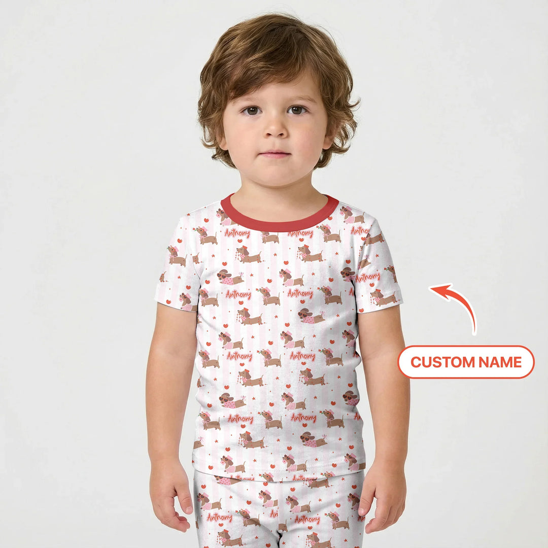 Custom Name Valentine Dachshund Family Matching Bamboo Two Piece Short Sleeve Shorts Pajama Set