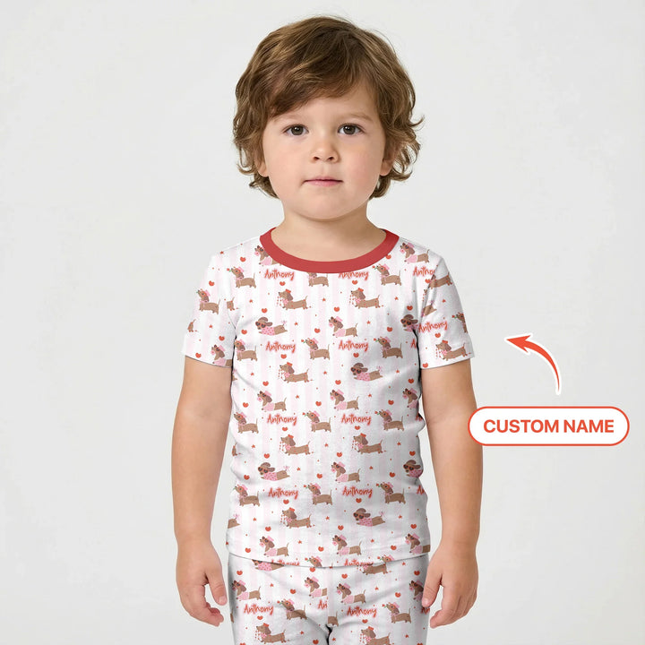 Custom Name Valentine Dachshund Family Matching Bamboo Two Piece Short Sleeve Shorts Pajama Set