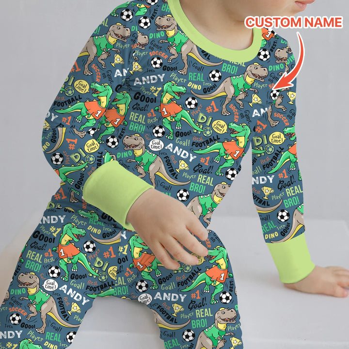 Custom Name Dino Soccer Bamboo Two Piece Long Sleeve Pajama Set