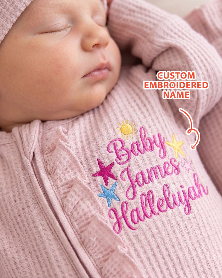 Personalized Baby Hallelujah Embroidered Waffle Ruffle Bamboo Zipper Footie