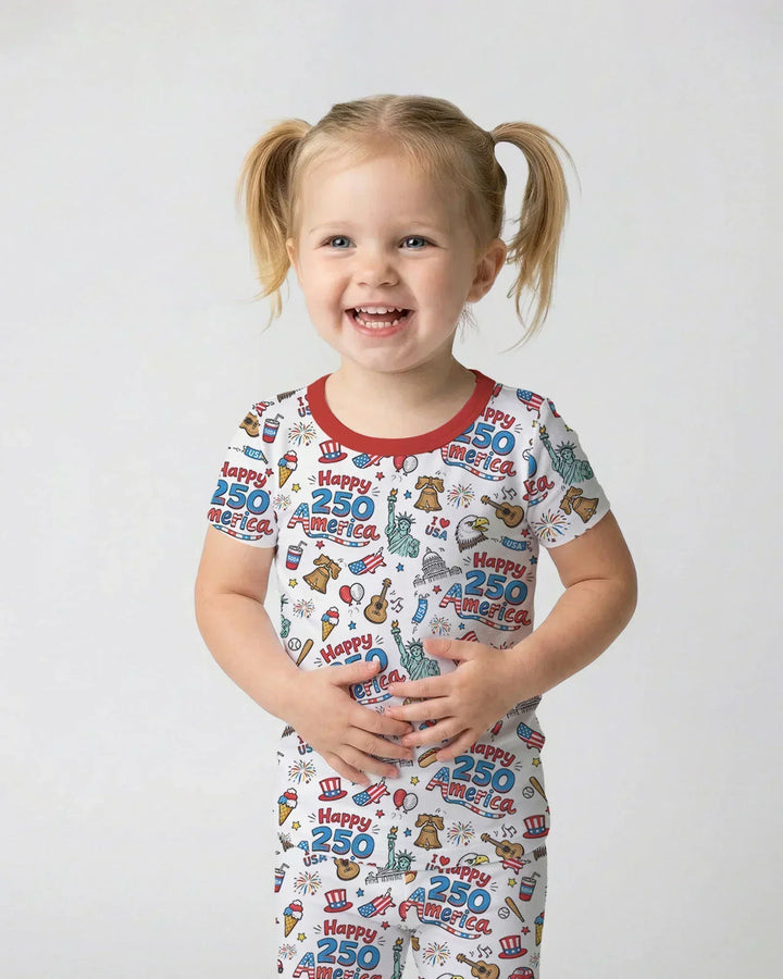 Happy 250 America I love USA Bamboo Two Piece Short Sleeve Pajama Set