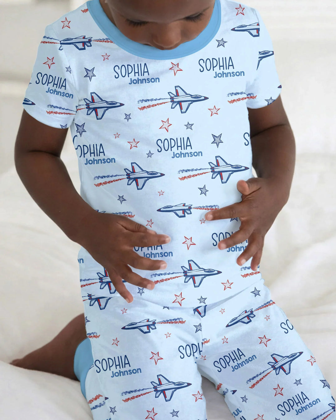 Patriotic American Flag Jet Fighter Bamboo Two Piece Short Sleeve Pajama Set