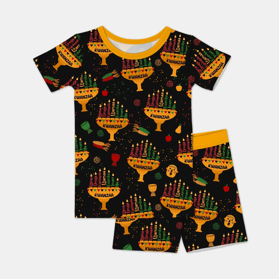 Kwanzaa Lights Bamboo Two Piece Short Sleeve Shorts Pajama Set