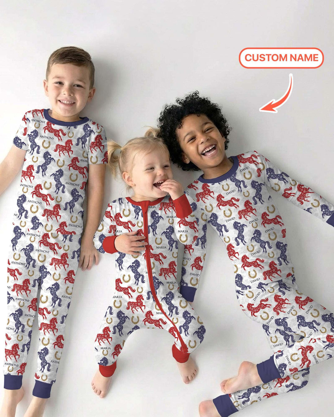 Custom Name Chinoiserie Horses Bamboo Two Piece Short Sleeve Pajama Set