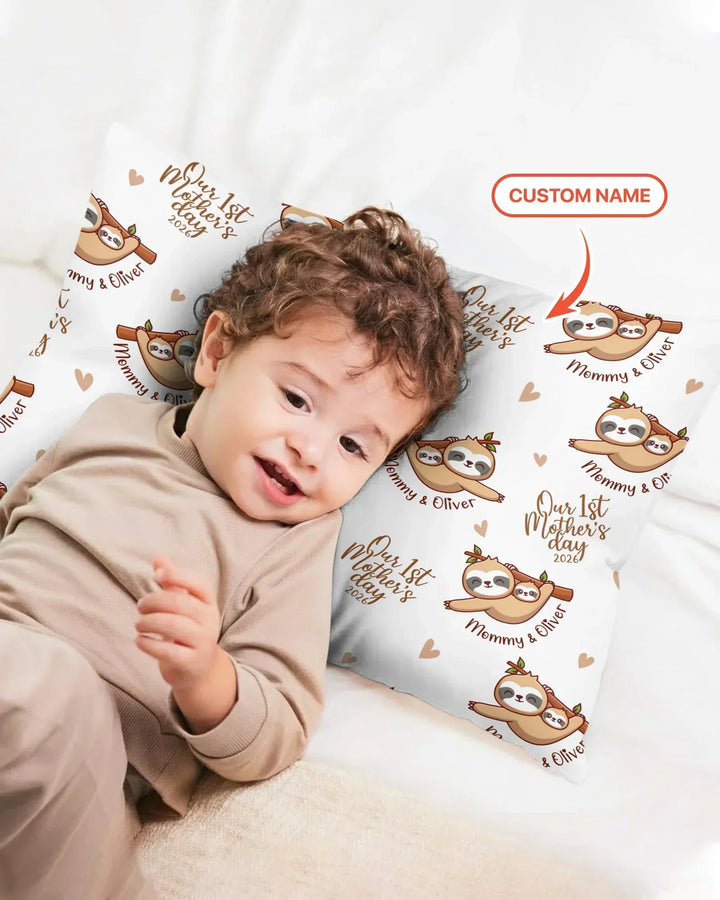 Custom Name Mama & Baby Sloth – Our First Mother’s Day 2026 Bamboo Pillow Case