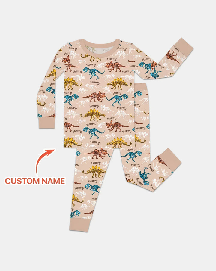 Dino Bones Parade Custom Name Bamboo Two Piece Long Sleeve Pajama Set