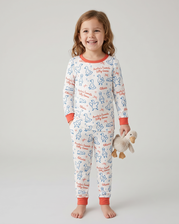 Custom Name Auntie's Favorite Silly Goose Bamboo Two Piece Long Sleeve Pajama Set