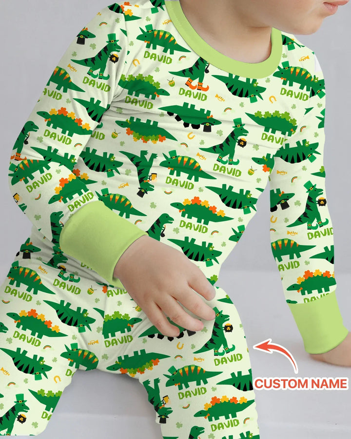 St. Patrick's Day Dinosaurs Custom Bamboo Two Piece Long Sleeve Pajama Set