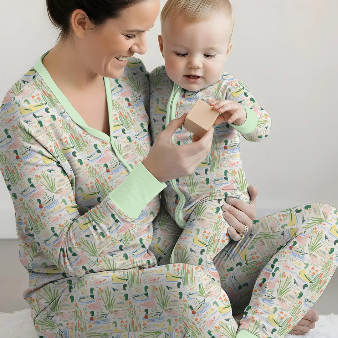 Whimsical Mallard Duck Bamboo Two Piece Short Sleeve Shorts Pajama Set