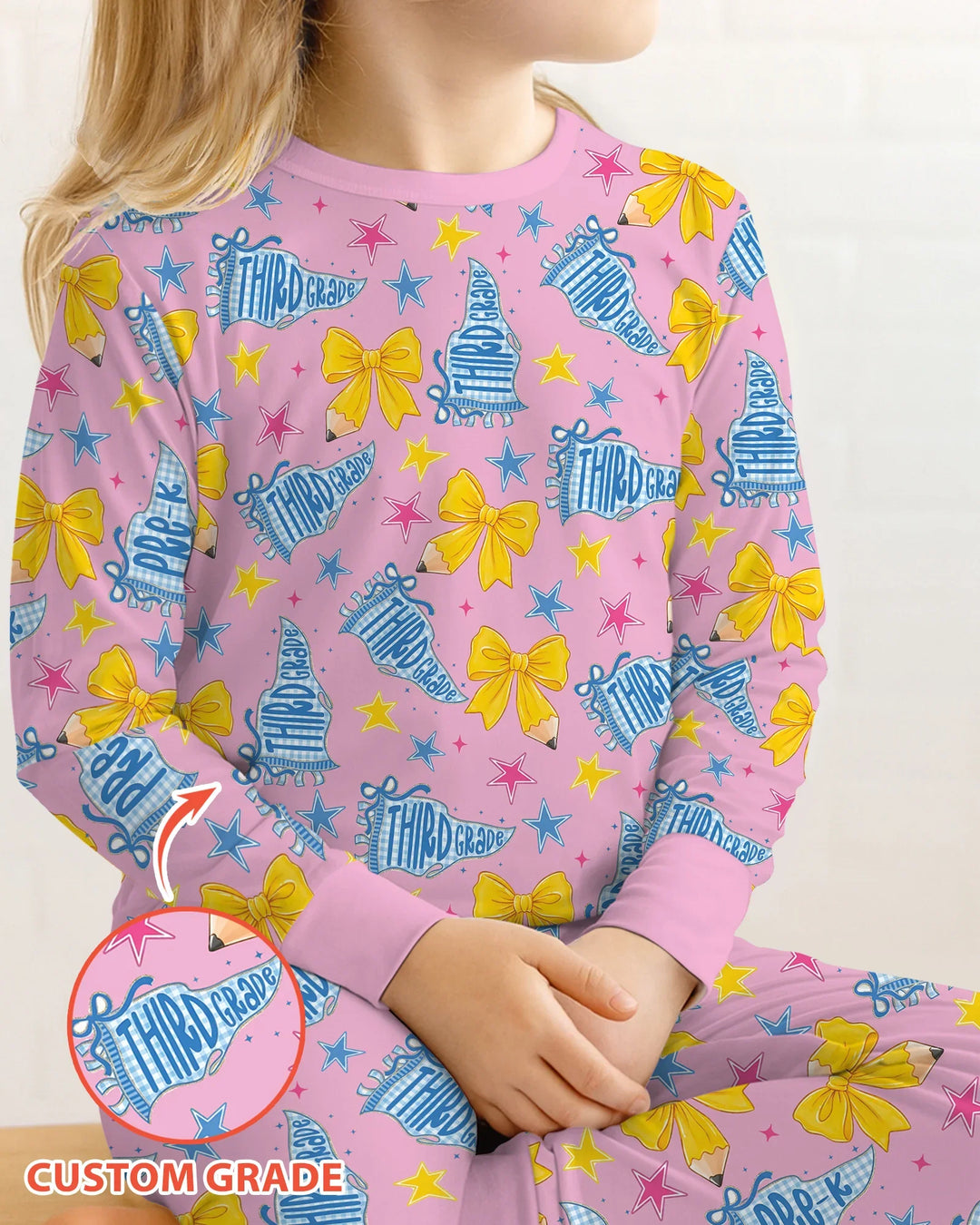 Pencil Bow Back To School Bamboo Two Piece Long Sleeve Pajama Set