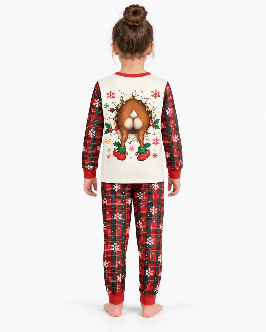 Cute Reindeer in Santa Hat Bamboo Two Piece Long Sleeve Pajama Set
