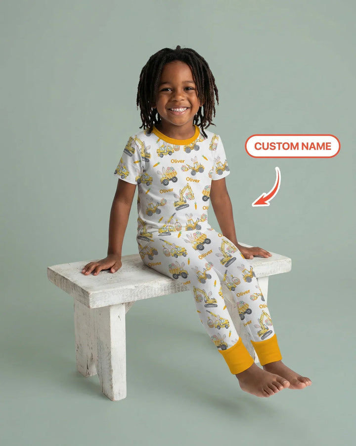 Custom Name Eggs-cavator Construction Bamboo Two Piece Short Sleeve Pajama Set