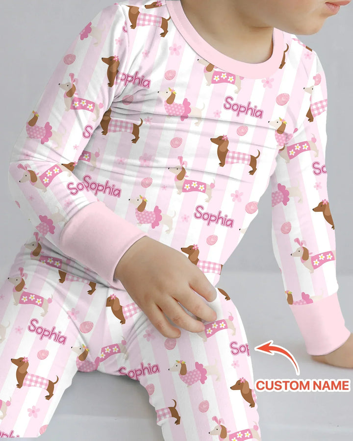 Custom Name Easter Dachshunds Family Matching Bamboo Two Piece Long Sleeve Pajama Set