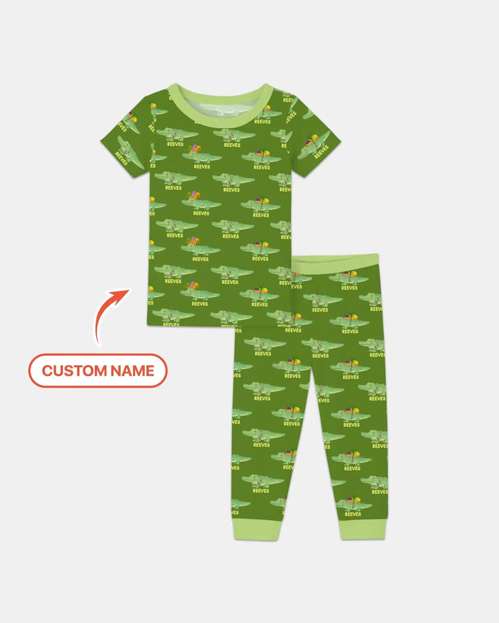Custom Name Mardi Gras Gator Bamboo Two Piece Short Sleeve Pajama Set
