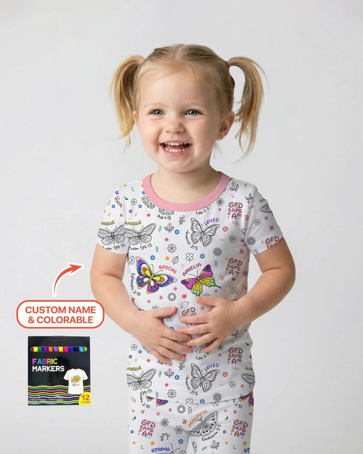 Colorable Custom Name God Says I Am Butterfly Bamboo Two Piece Short Sleeve Pajama Set
