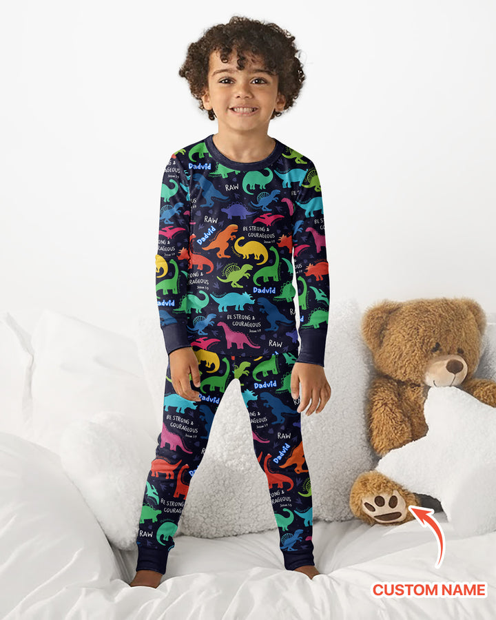 Be Strong and Courageous Dinosaur Christian Bamboo Two Piece Long Sleeve Pajama Set