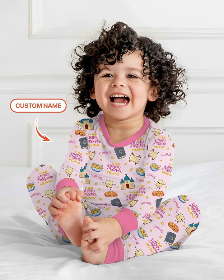 Custom name "Pesach Sameach" Bamboo Two Piece Long Sleeve Pajama Set