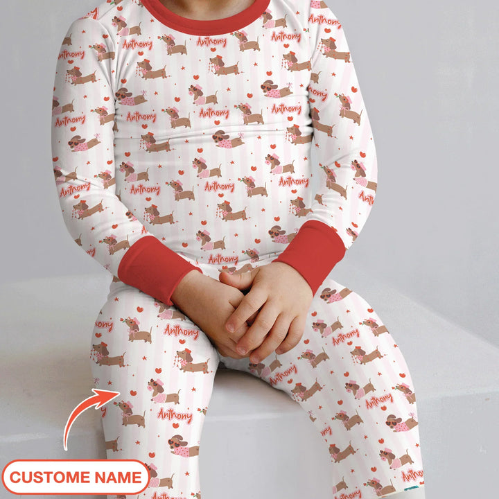 Custom Name Valentine Dachshund Family Matching Bamboo Two Piece Long Sleeve Pajama Set