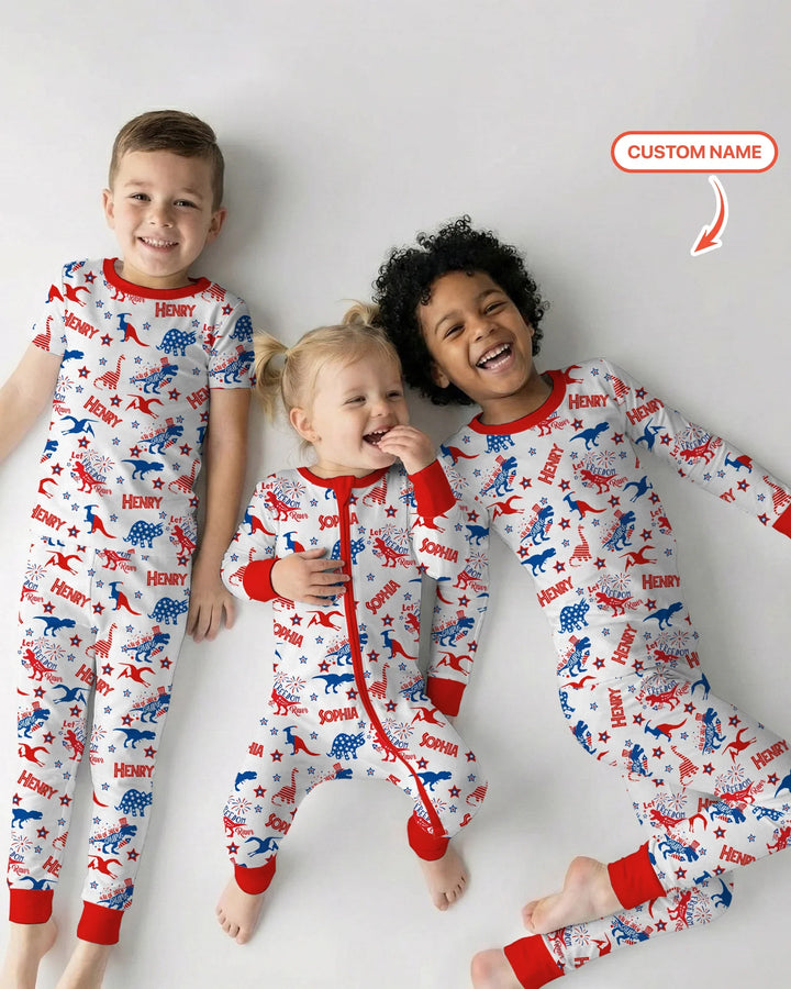 Custom Name Patriotic Dinosaur Bamboo Two Piece Short Sleeve Pajama Set
