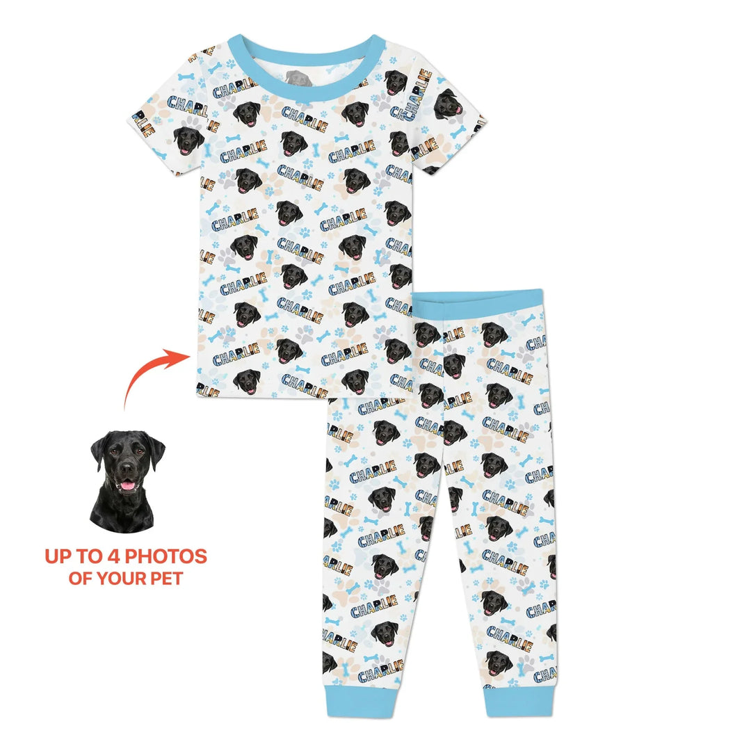 Custom Name Doodle Letters Blue Dog Bamboo Two Piece Short Sleeve Pajama Set