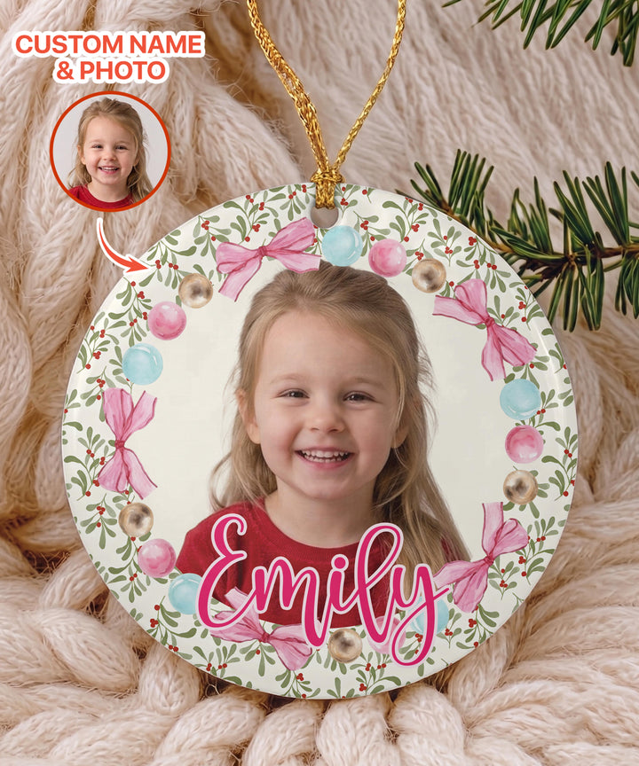 Custom Photo Pink Christmas Keepsake Ceramic Ornament