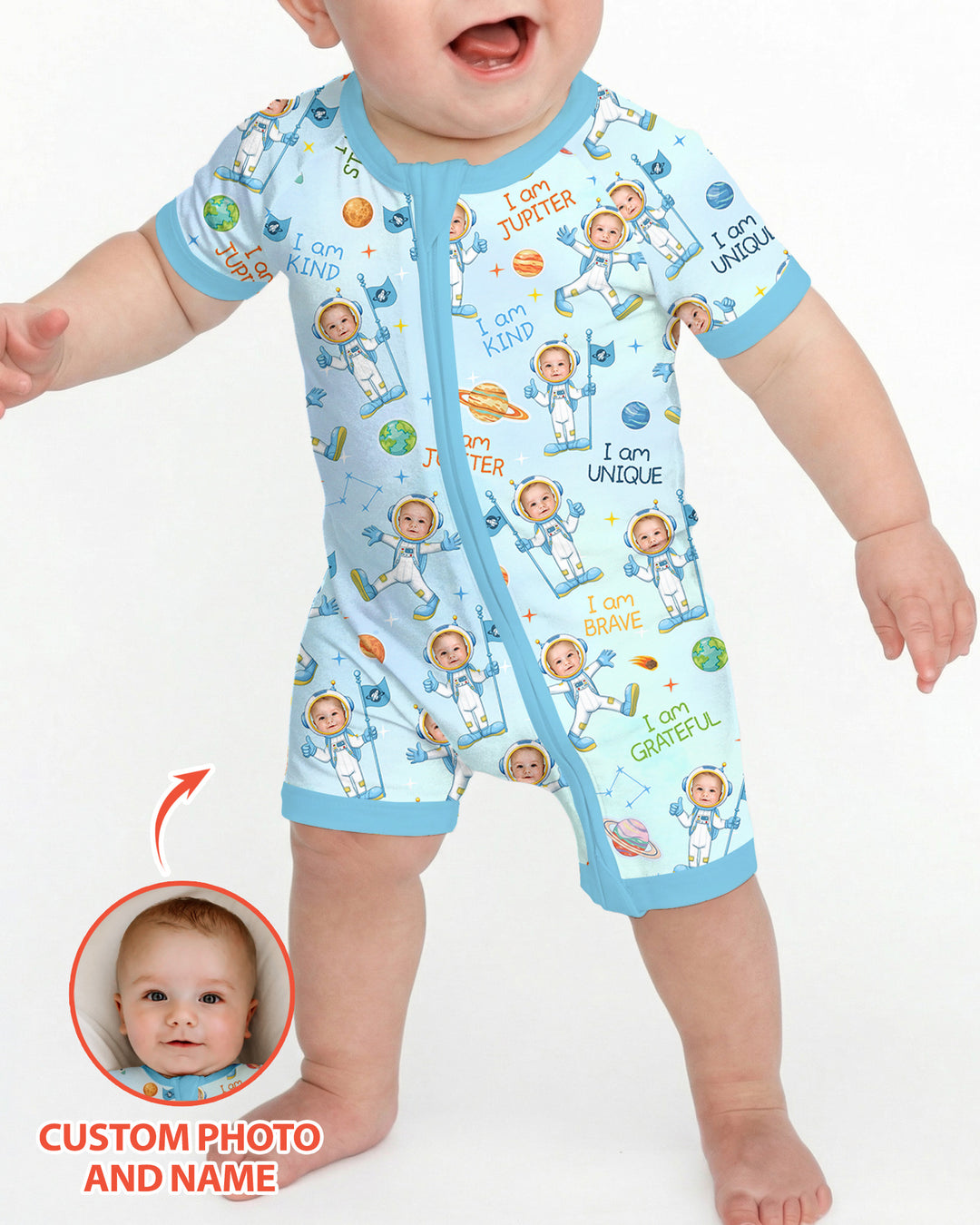Custom Photo Kid Affirmations I Am Kind Astronaut Bamboo Shorty Zippy
