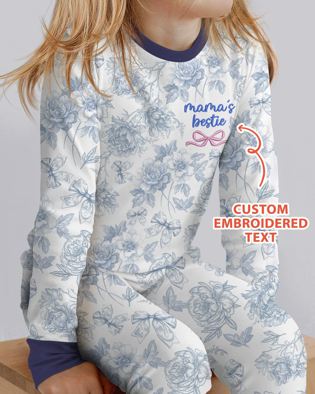 Custom Embroidered Mommy and Me Toile Matching Bamboo Two Piece Long Sleeve Pajama Set