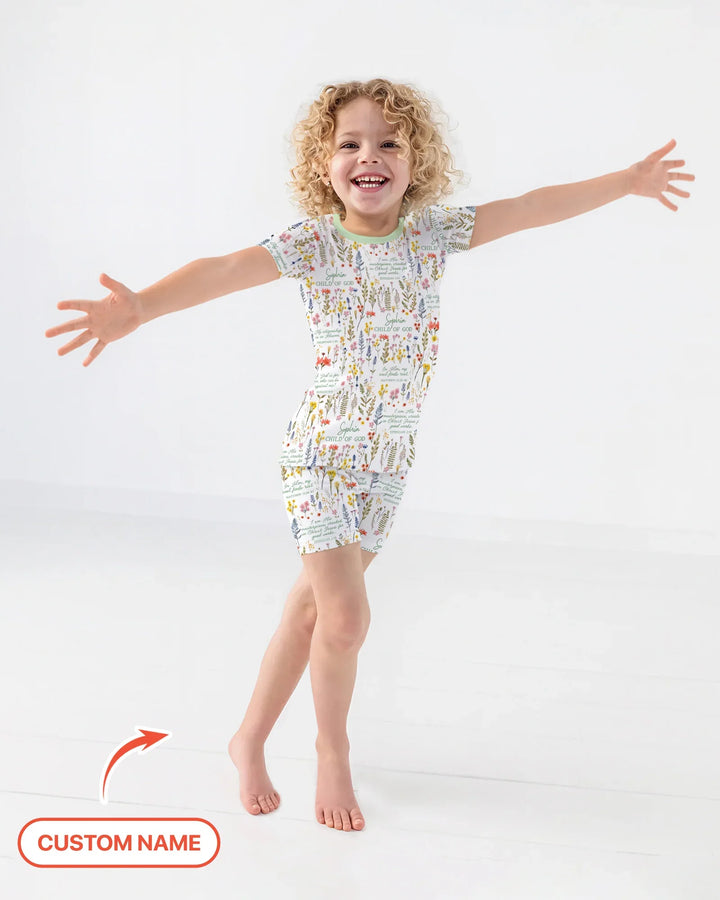 Custom Name Child of God Flower Garden Bamboo Two Piece Short Sleeve Shorts Pajama Set