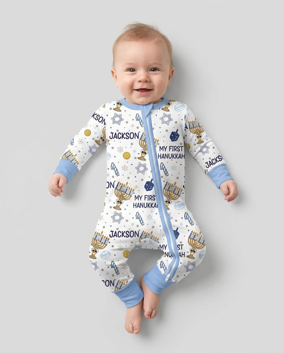 Custom Name Doodle Dreidel First Hanukkah Bamboo Convertible Zippy