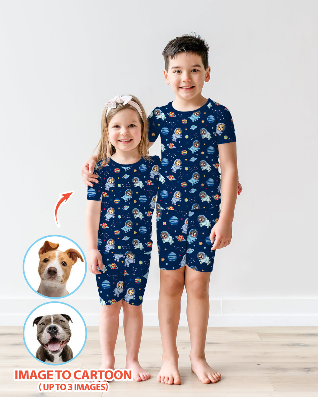 Astronaut Custom Pet Image Family Matching Bamboo Two Piece Short Sleeve Shorts Pajama Set