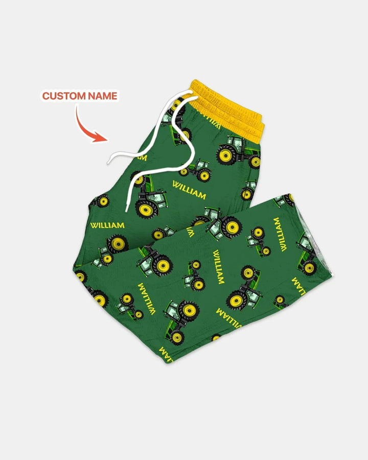 Custom Name Green Tractors Matching Daddy & Me Bamboo Men's Pajama Set