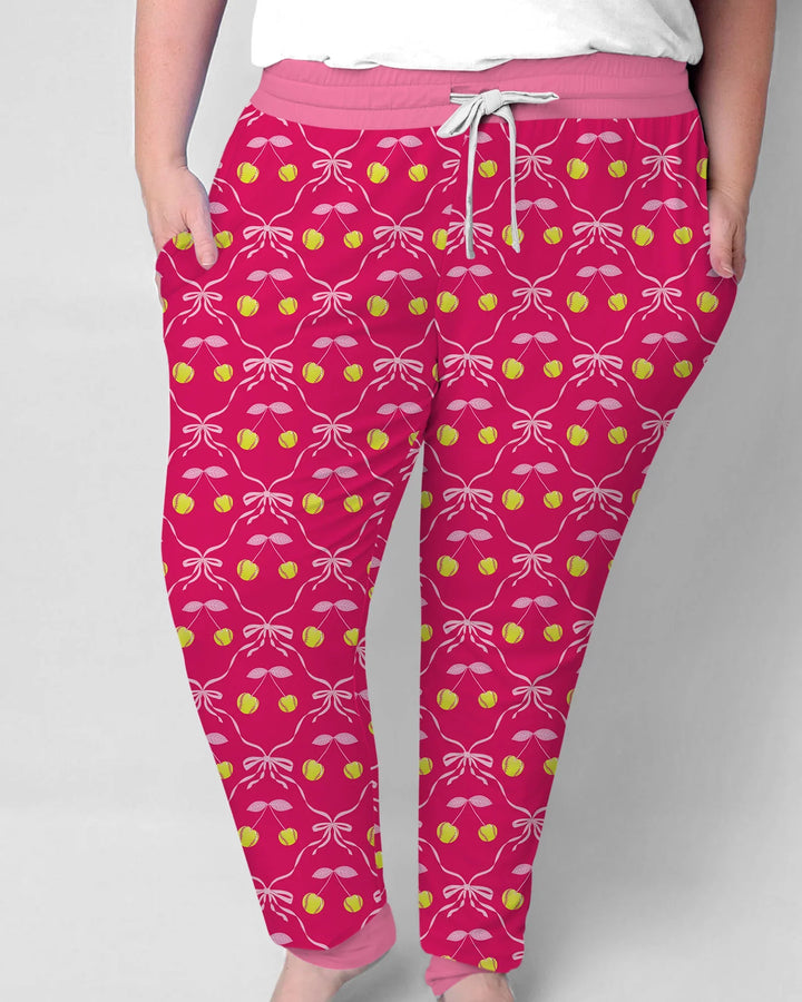 Cherry Baseball Softball Mom and Girl Matching Bamboo Women Pajama Set