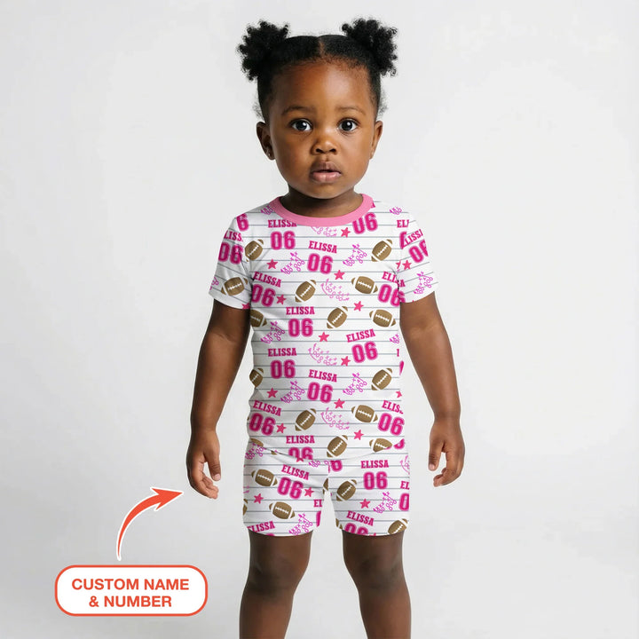 Custom Name Football Time Pink Bamboo Two Piece Short Sleeve Shorts Pajama Set