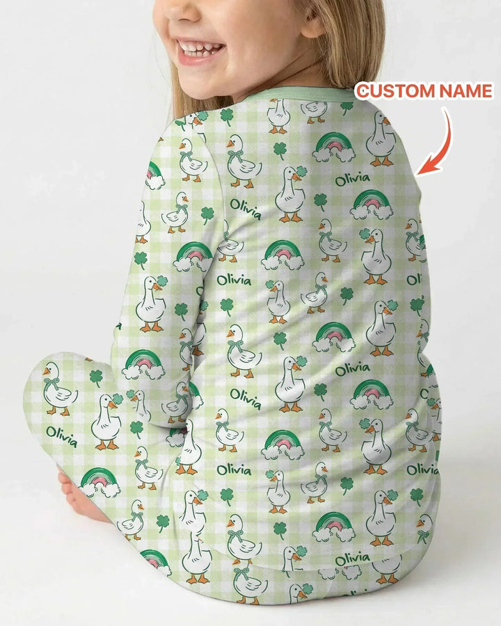 Custom Name Lucky Ducks Bamboo Two Piece Long Sleeve Pajama Set
