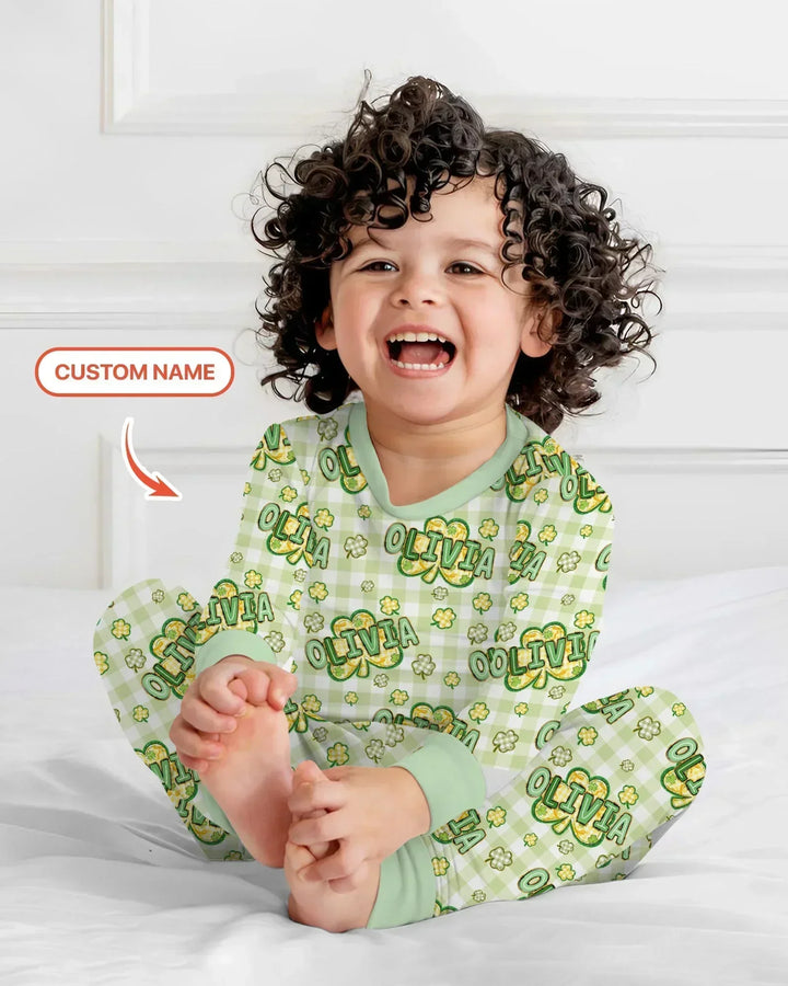 Lucky Shamrock Custom Name Bamboo Two Piece Long Sleeve Pajama Set