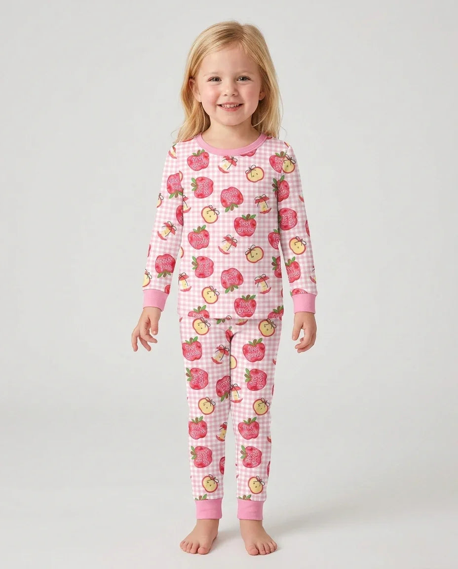 Custom School Grade Apple Days Bamboo Two Piece Long Sleeve Pajama Set