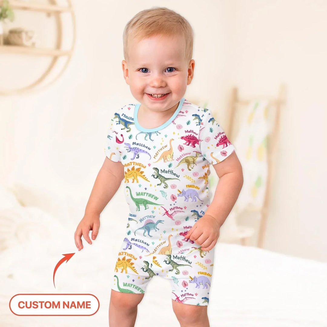 Dino Roar Custom Name Bamboo Two Piece Short Sleeve Shorts Pajama Set